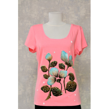 Tricou roz cu pictură florală, unicat