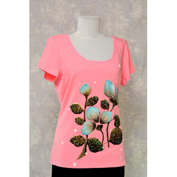 Tricou roz cu pictură florală, unicat