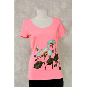 Tricou roz cu pictură florală, unicat