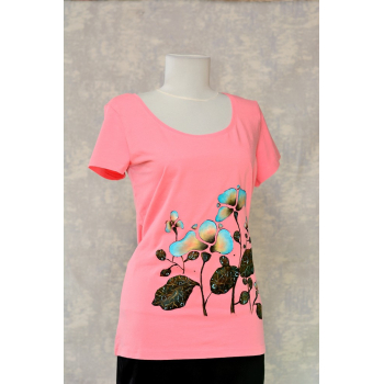 Tricou roz cu pictură florală, unicat