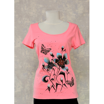Tricou roz cu pictură florală, unicat
