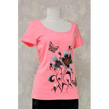 Tricou roz cu pictură florală, unicat