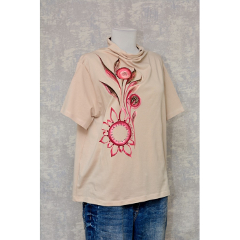Tricou bej cu pictură florală, unicat