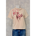 Tricou bej cu pictură florală, abstractă