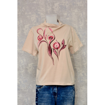 Tricou bej cu pictură florală, abstractă
