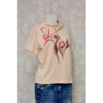 Tricou bej cu pictură florală, abstractă