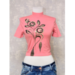 Tricou roz cu pictură florală, unicat