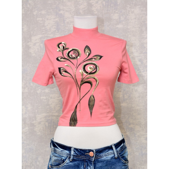 Tricou roz cu pictură florală, unicat