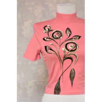 Tricou roz cu pictură florală, unicat