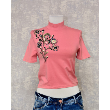Tricou roz cu pictură florală, unicat