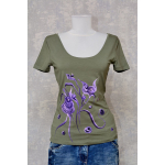 Tricou kaki cu pictură florală, unicat