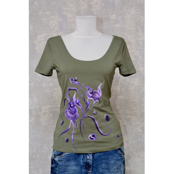 Tricou kaki cu pictură florală, unicat