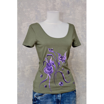 Tricou kaki cu pictură florală, unicat