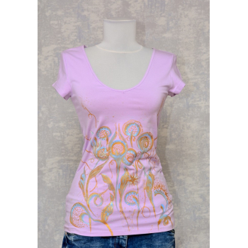 Tricou lila cu pictură florală, unicat