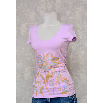 Tricou lila cu pictură florală, unicat