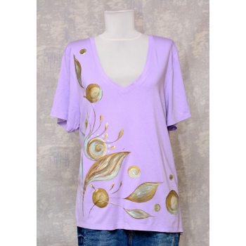 Tricou lila cu pictură florală, unicat