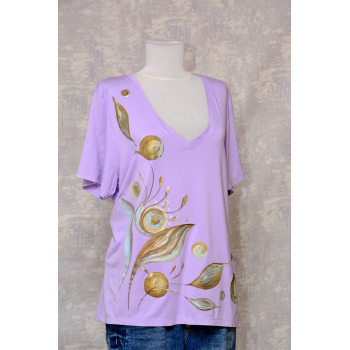 Tricou lila cu pictură florală, unicat