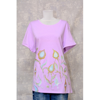 Tricou lila cu pictură florală, unicat