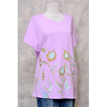 Tricou lila cu pictură florală, unicat