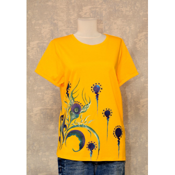 Tricou galben cu pictură florală, unicat