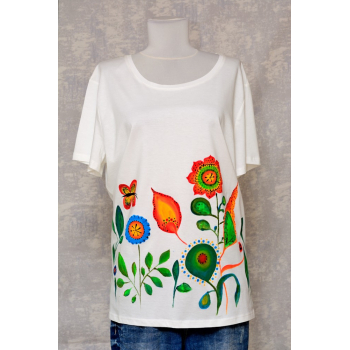 Tricou ivoire cu pictură florală, abstractă