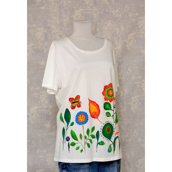 Tricou ivoire cu pictură florală, abstractă
