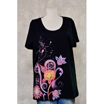 Tricou negru cu pictură florală, unicat