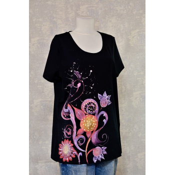 Tricou negru cu pictură florală, unicat