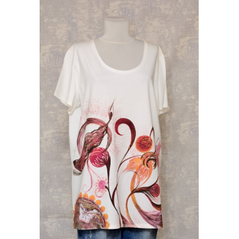 Tricou alb cu pictură florală, unicat