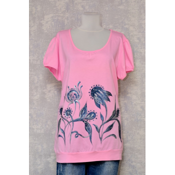 Tricou roz cu pictură florală, unicat
