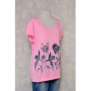 Tricou roz cu pictură florală, unicat