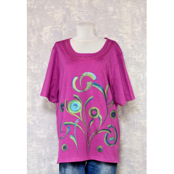 Tricou magenta cu pictură florală, unicat