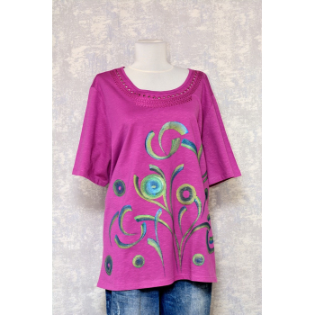 Tricou magenta cu pictură florală, unicat