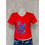 Tricou roșu cu pictură florală, unicat