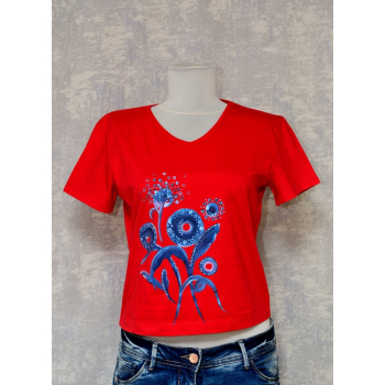 Tricou roșu cu pictură florală, unicat