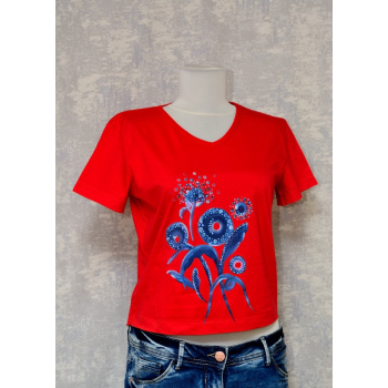 Tricou roșu cu pictură florală, unicat