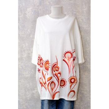 Tricou alb cu pictură florală, unicat