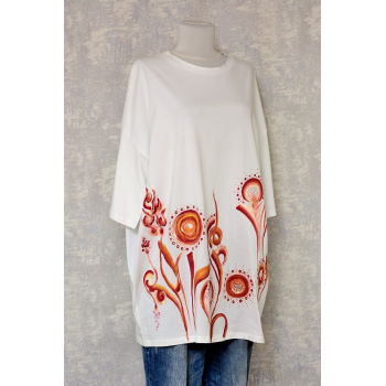 Tricou alb cu pictură florală, unicat