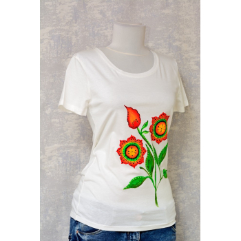 Tricou ivoire cu pictură florală, unicat