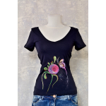 Tricou bleumarin cu pictură florală, unicat