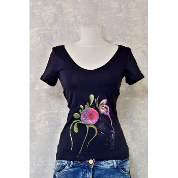 Tricou bleumarin cu pictură florală, unicat