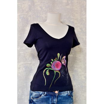 Tricou bleumarin cu pictură florală, unicat