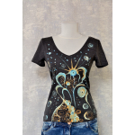 Tricou gri cu pictură florală, unicat