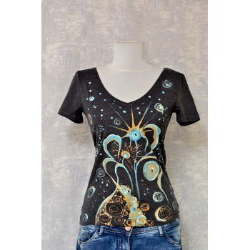 Tricou gri cu pictură florală, unicat