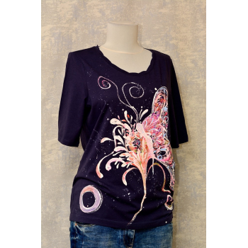 Tricou bleumarin cu pictură florală, unicat