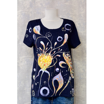 Tricou bleumarin cu pictură florală, unicat