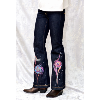 Blugi evazați cu pictură florală, unicat