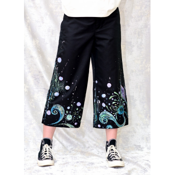 Pantaloni negri cu pictură florală, unicat