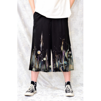 Pantaloni negri cu pictură florală, unicat