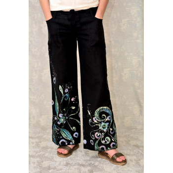 Pantaloni negri cu pictură florală, unicat